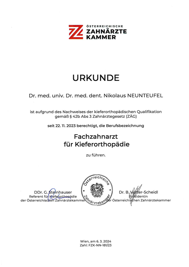 Urkunde Fachzahnarzt für Kieferorthopädie